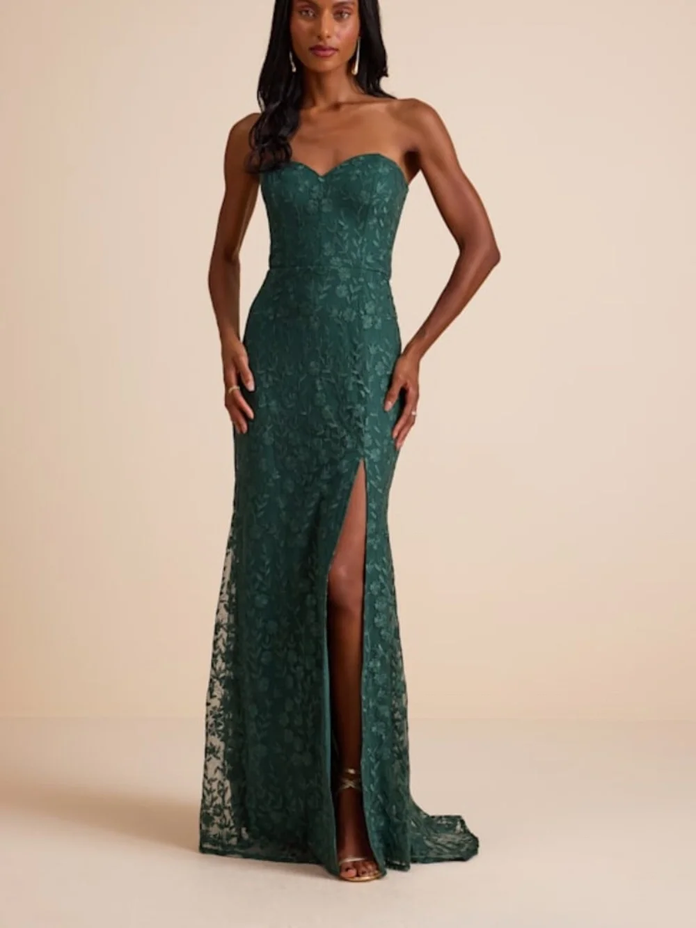 Lulus Romantic Beauty Green Floral Embroidered Strapless Maxi Dress - Size M - Picture 1 of 3